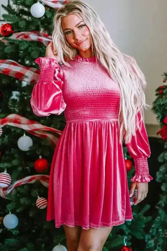 Pink Velvet Dress - Frilled-Neck Smocked-Bodice