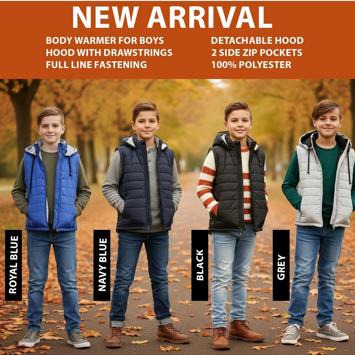 Boys Gilet – Sleeveless Body Warmer with Detachable Hood & Zip Pockets