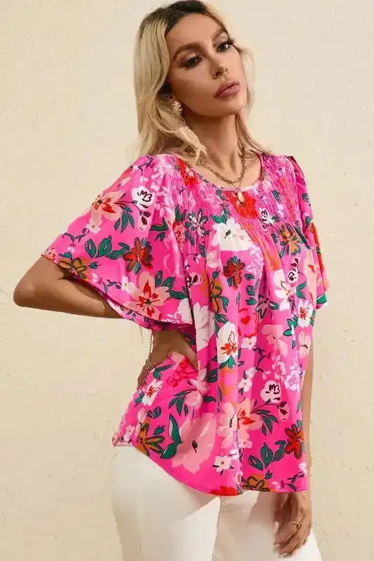 Pink Floral Smocked Blouse - Short Sleeve