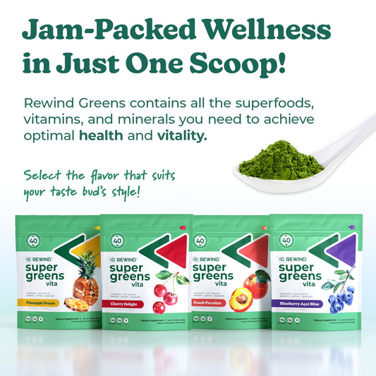 Rewind Best Tasting Super Greens Powder – Pineapple Flavor, 40+ Superfoods, Vitamin B12 & Zinc