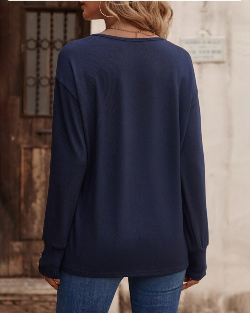Therese - Stylish and Comfortable Plain Colour V-Neck Top with Buttons
