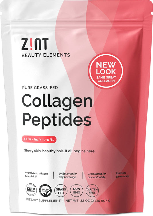 Zint Collagen Peptides Powder (32 oz) | Grass-Fed, Hydrolyzed Type I & III | Unflavored