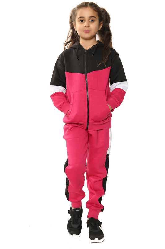 Athena Girls Contrast Zip Up Hooded Kids Full Tracksuit Black-Fuchsia