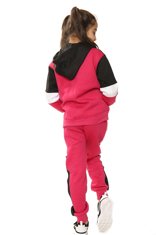 Athena Girls Contrast Zip Up Hooded Kids Full Tracksuit Black-Fuchsia