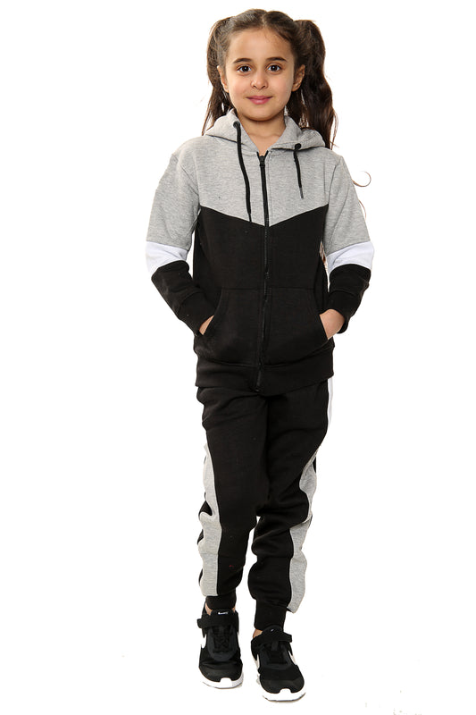 Athena Girls Contrast Zip Up Hooded Kids Full Tracksuit Black-Grey