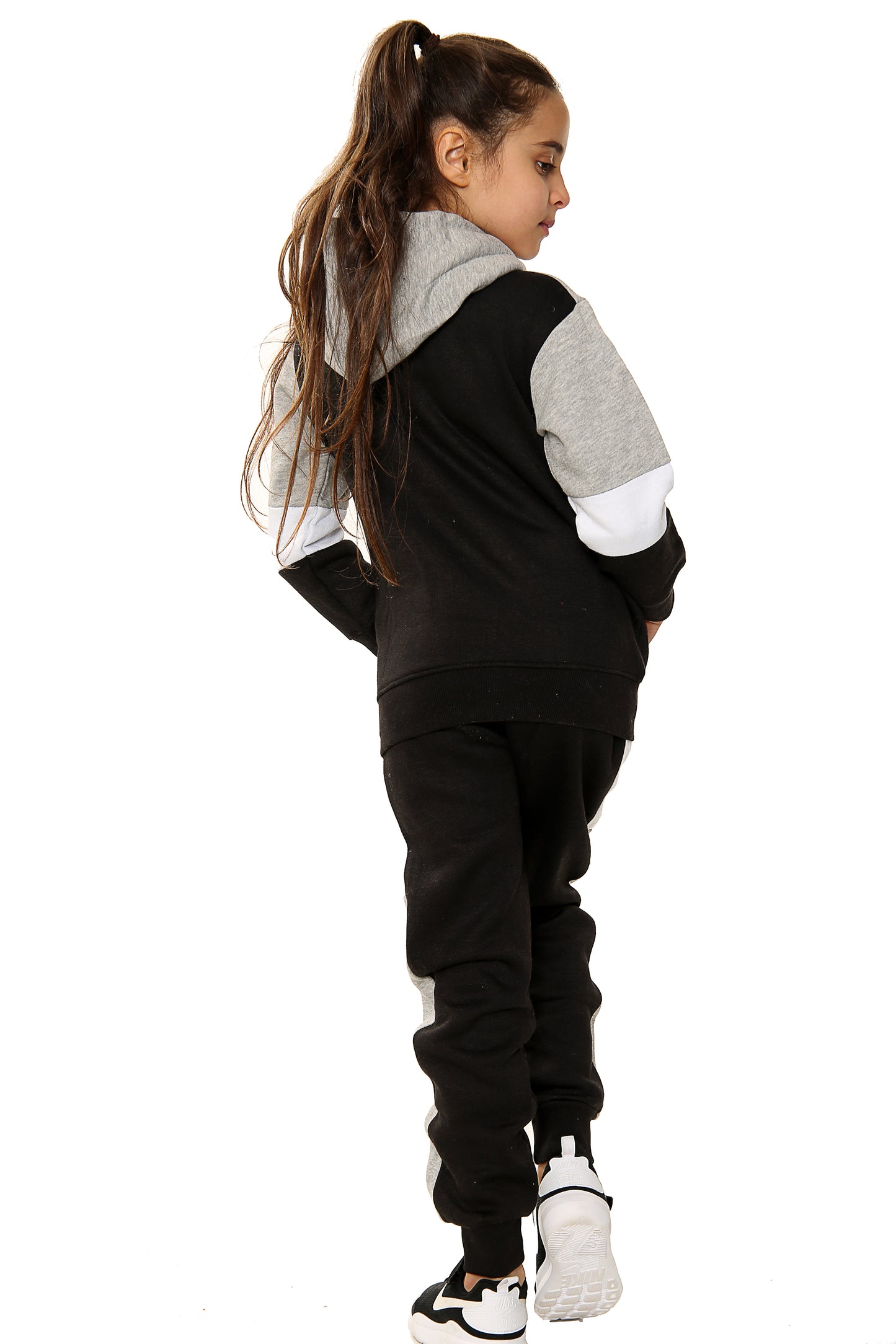 Athena Girls Contrast Zip Up Hooded Kids Full Tracksuit Black-Grey
