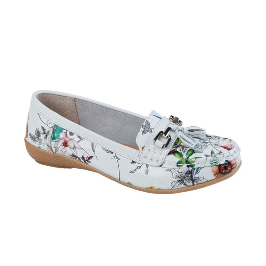 Botanical Ladies Leather Tassel Loafers Moccasin Shoes White