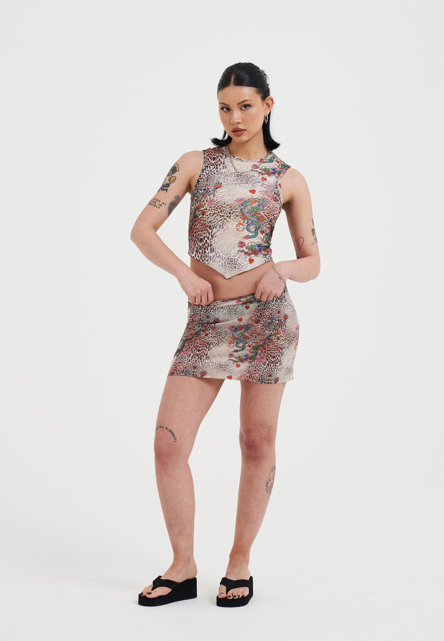 Womens Dragon Repeat Mini Skirt - Ecru