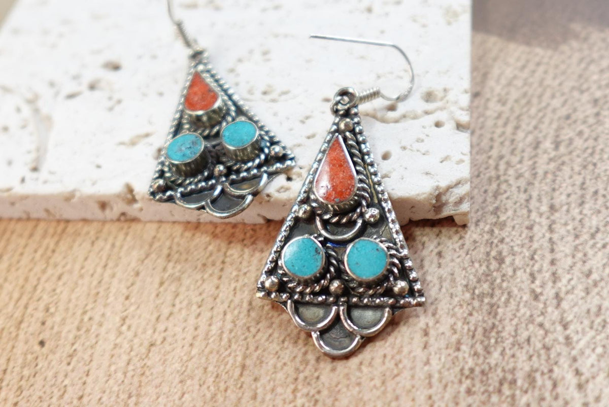 Tribal Boho Triangle Drop Earrings with Turquoise & Coral Stones – Antique Silver Finish.