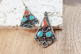 Tribal Boho Triangle Drop Earrings with Turquoise & Coral Stones – Antique Silver Finish.