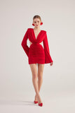 Hanna Red Backless Long Sleeve Mini Dress with Removable Rose Accessory