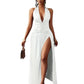 Elegant Halter Neck Long Dress - Sexy Backless V-Neck Maxi with Side Slit and Ruched Detail, High Waist Slimming Design for Women
