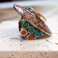 Large Ethnic Adjustable Tibetan Silver Rings, Turquoise, Coral Inlay Rings.