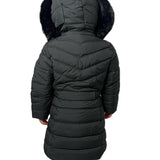 Girls’ Long Winter Puffer Coat with Detachable Faux Fur Hood – Black