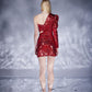 Anabelle Red Shiny One Shoulder Diagonal Low-Cut Mini Dress