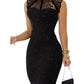 Contrast Lace Evening Dress with Silvery Foil Stitching