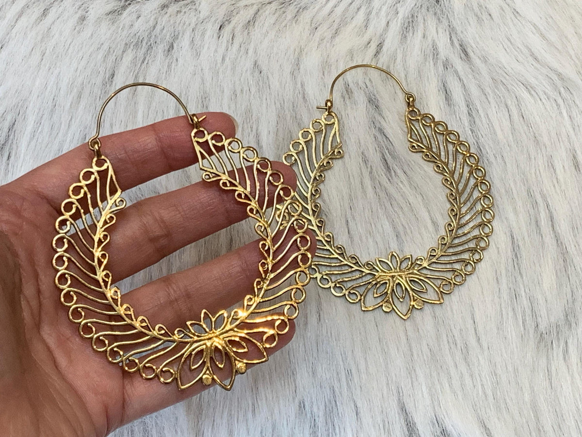 Golden/Sliver Lotus Filigree Hoops - Intricate Mandala-Inspired Brass Statement Earrings.