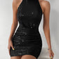 BAE Halter Neck Ruched Sequin Bodycon Dress