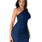 Elegant One Shoulder Textured Asymmetrical Bodycon Sleeveless Dress