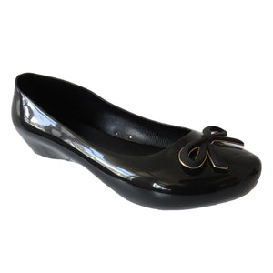 Ladies Chic Black Jelly Flat Shoes with Bow Comfortable Foam Insole