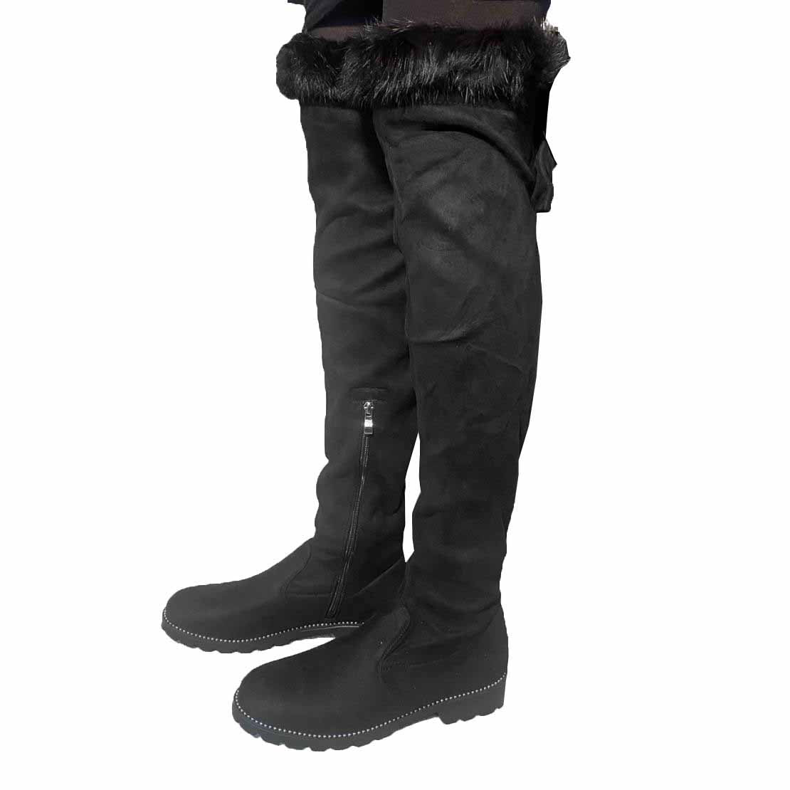 Jessica Long Knee High Winter Zip Up Furry Faux Suede Boots Black