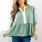 Smoke Green Embroidered Sleeve Tiered Blouse