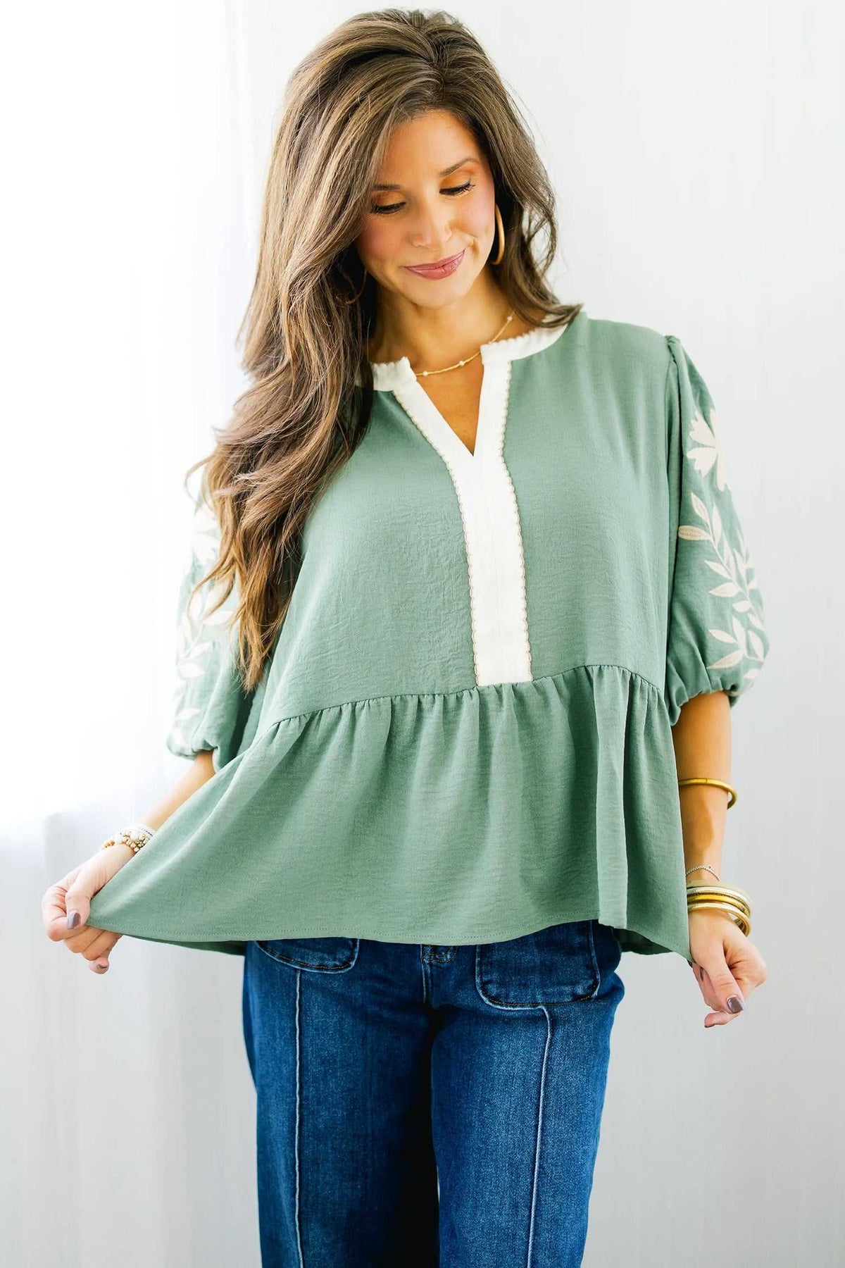 Smoke Green Embroidered Sleeve Tiered Blouse