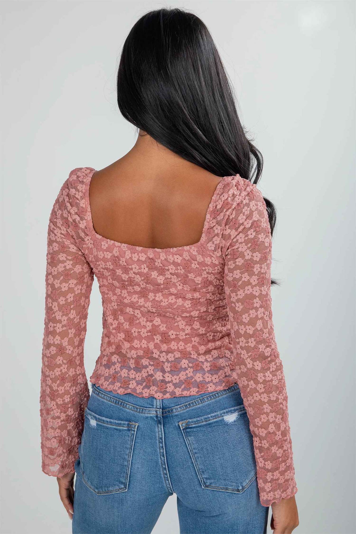 Pink Floral Lace Blouse | Bell Sleeve Square Neck Top