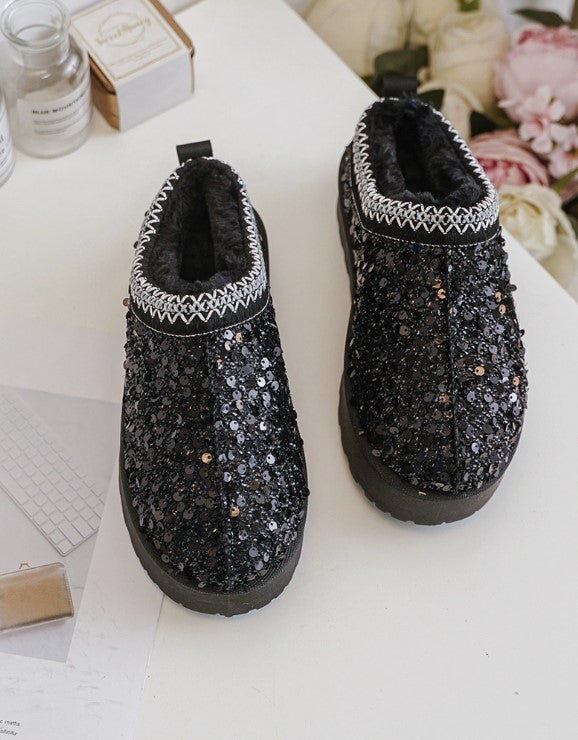 Hanna Sparkling Faux Fur-Lined Women's Slippers with Glittery Platform Sole