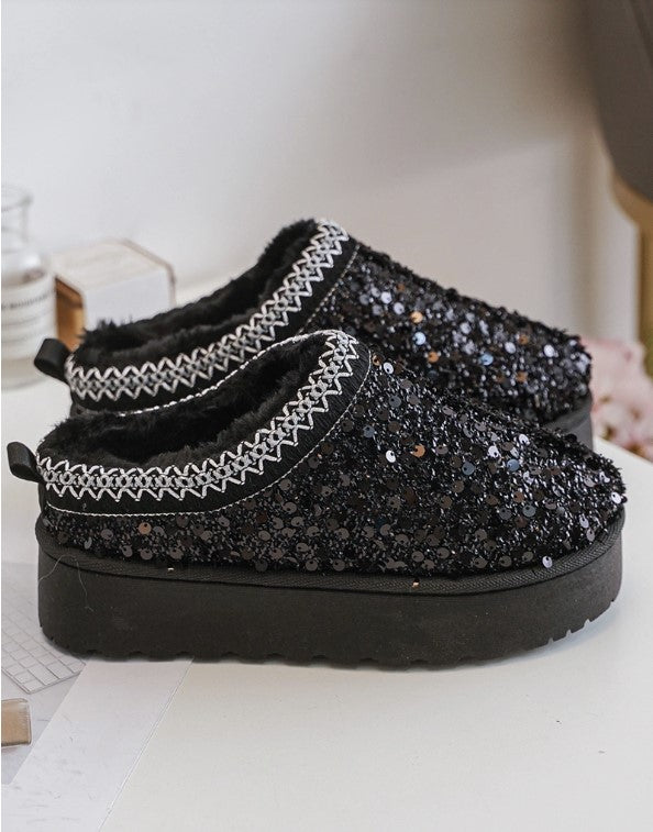 Hanna Sparkling Faux Fur-Lined Women's Slippers with Glittery Platform Sole