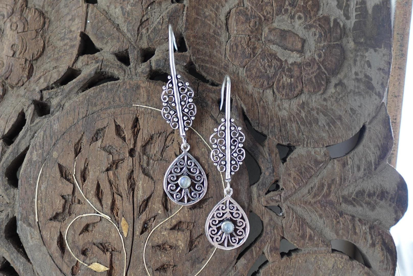 Temple Bloom Filigree Drops- Mandala-Inspired Brass Earrings with Spiral & Gem Detailing.