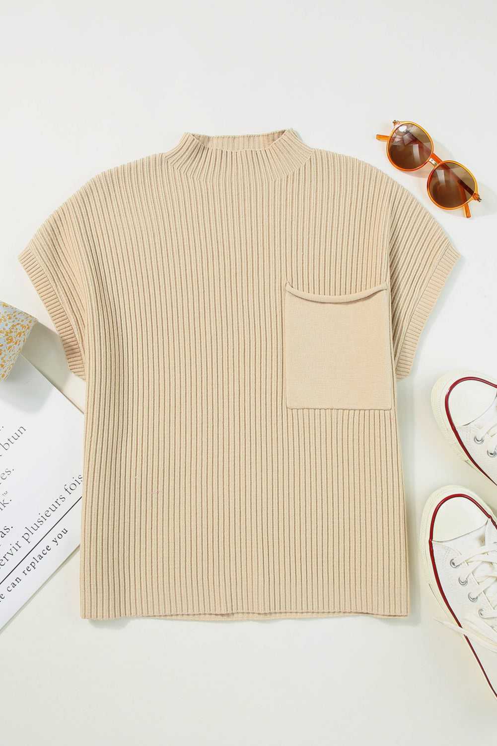 Cozy Oatmeal Sweater Dress - Ribbed Knit with Pockets