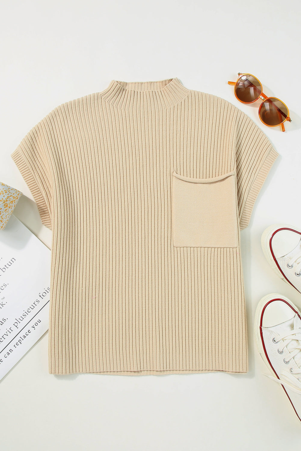 Cozy Oatmeal Sweater Dress - Ribbed Knit with Pockets