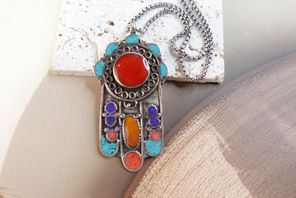 Handcrafted Hamsa Pendant - Tibetan Nepal - Amber, Coral Stone - Fatima Hands