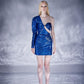 Anabelle Blue Shiny One Shoulder Diagonal Low-Cut Mini Dress