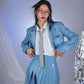College Style Blue Vegan Faux Leather Cropped Jacket