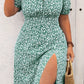 Elegant Plus Size Floral Midi Dress with Tie Waist and Side Slit - Off-Shoulder, Short Sleeve, A-Line Silhouette for Summer, Plus Size