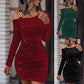 European And American Solid Color Sequins Slim Fit Dress