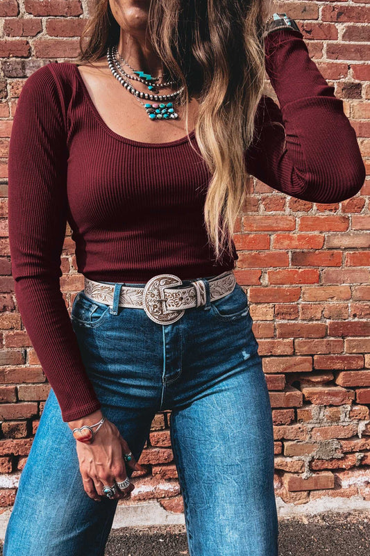 Brown Ribbed Long Sleeve Crop Top