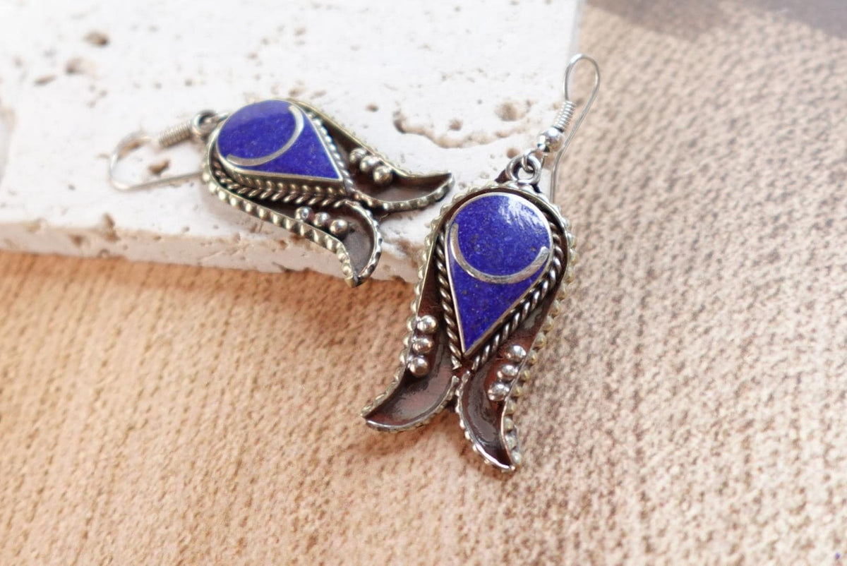Moonlit Lapis Drop Earrings – Tribal-Inspired Design in Antique Silver Finish.