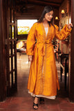 Inayah Deep Saffron Abaya Gown with Balloon Sleeves & White Cream Slip Dress for Formal Occasions