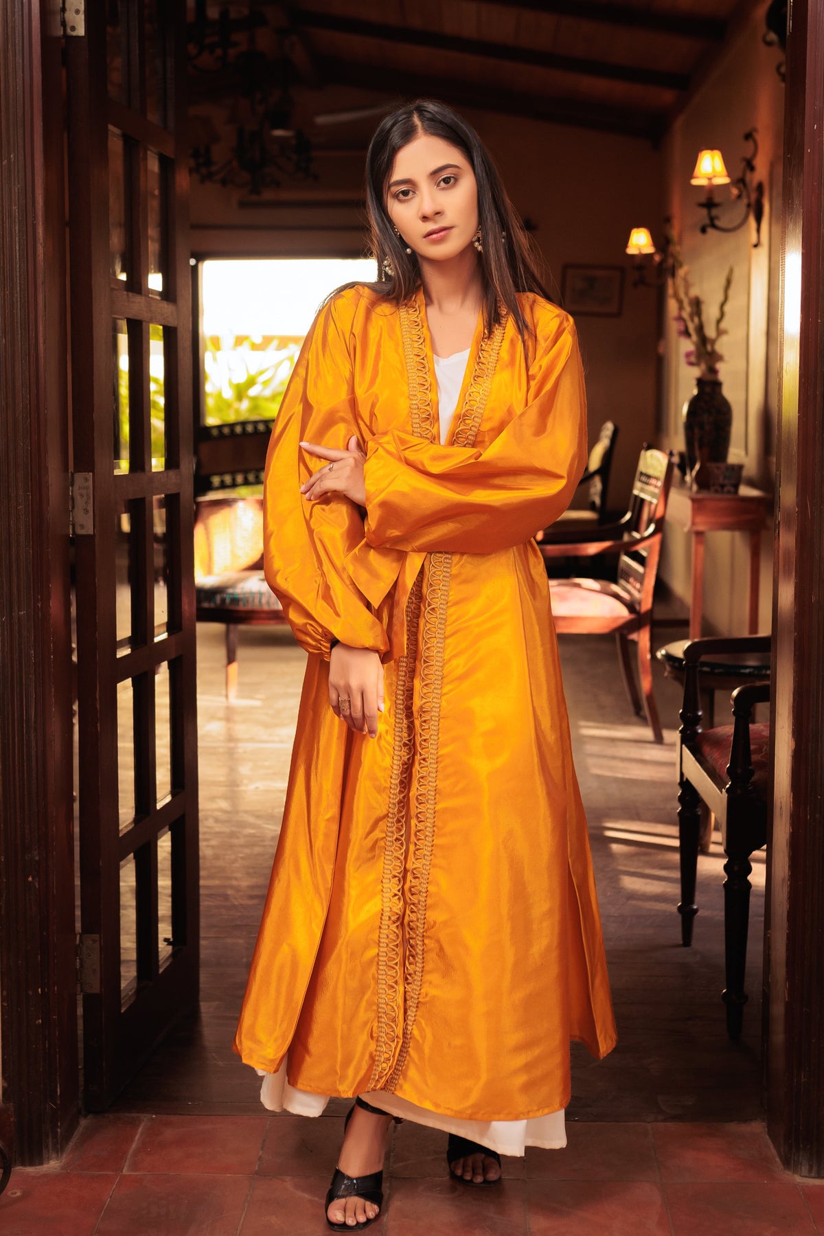 Inayah Deep Saffron Abaya Gown with Balloon Sleeves & White Cream Slip Dress for Formal Occasions