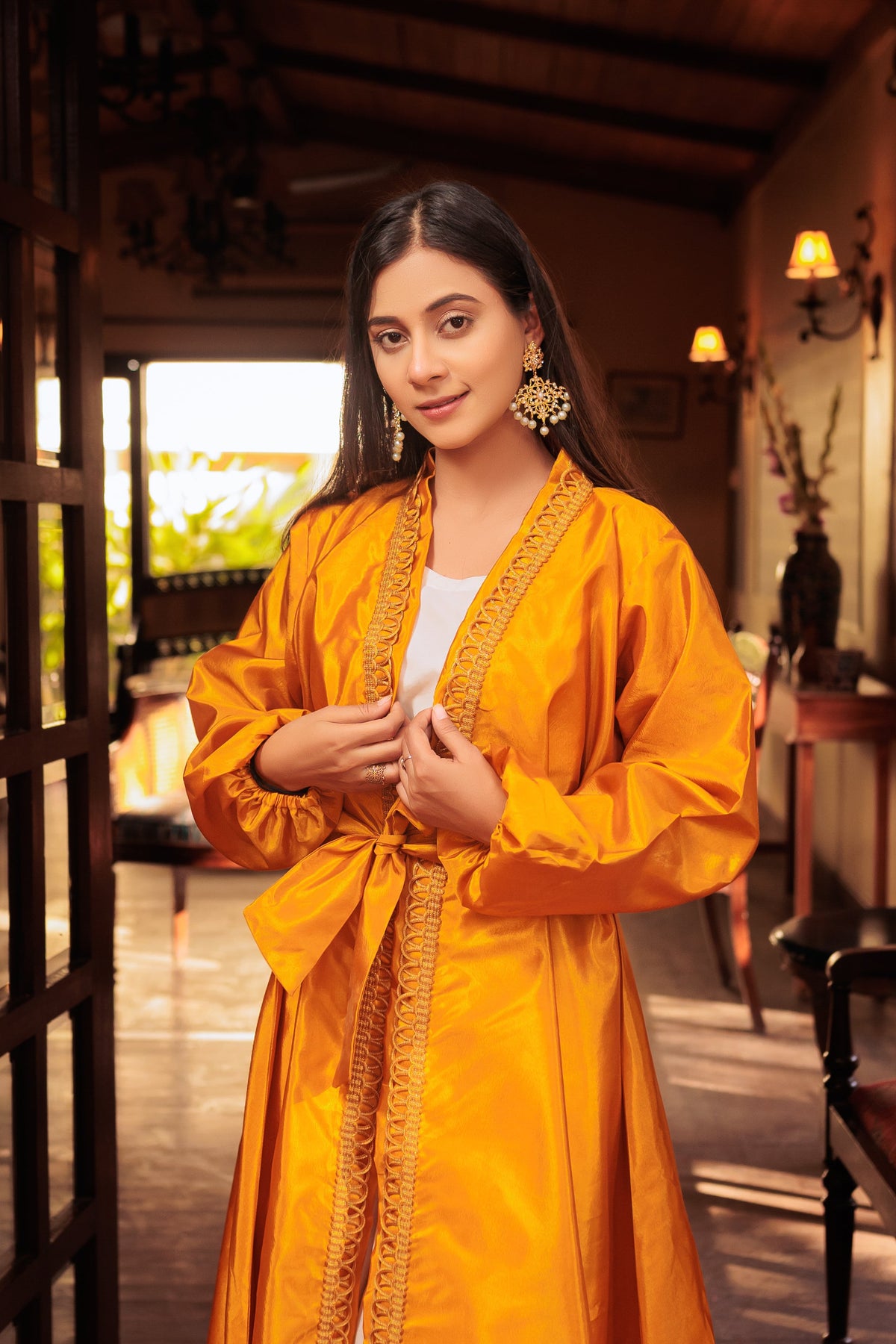 Inayah Deep Saffron Abaya Gown with Balloon Sleeves & White Cream Slip Dress for Formal Occasions