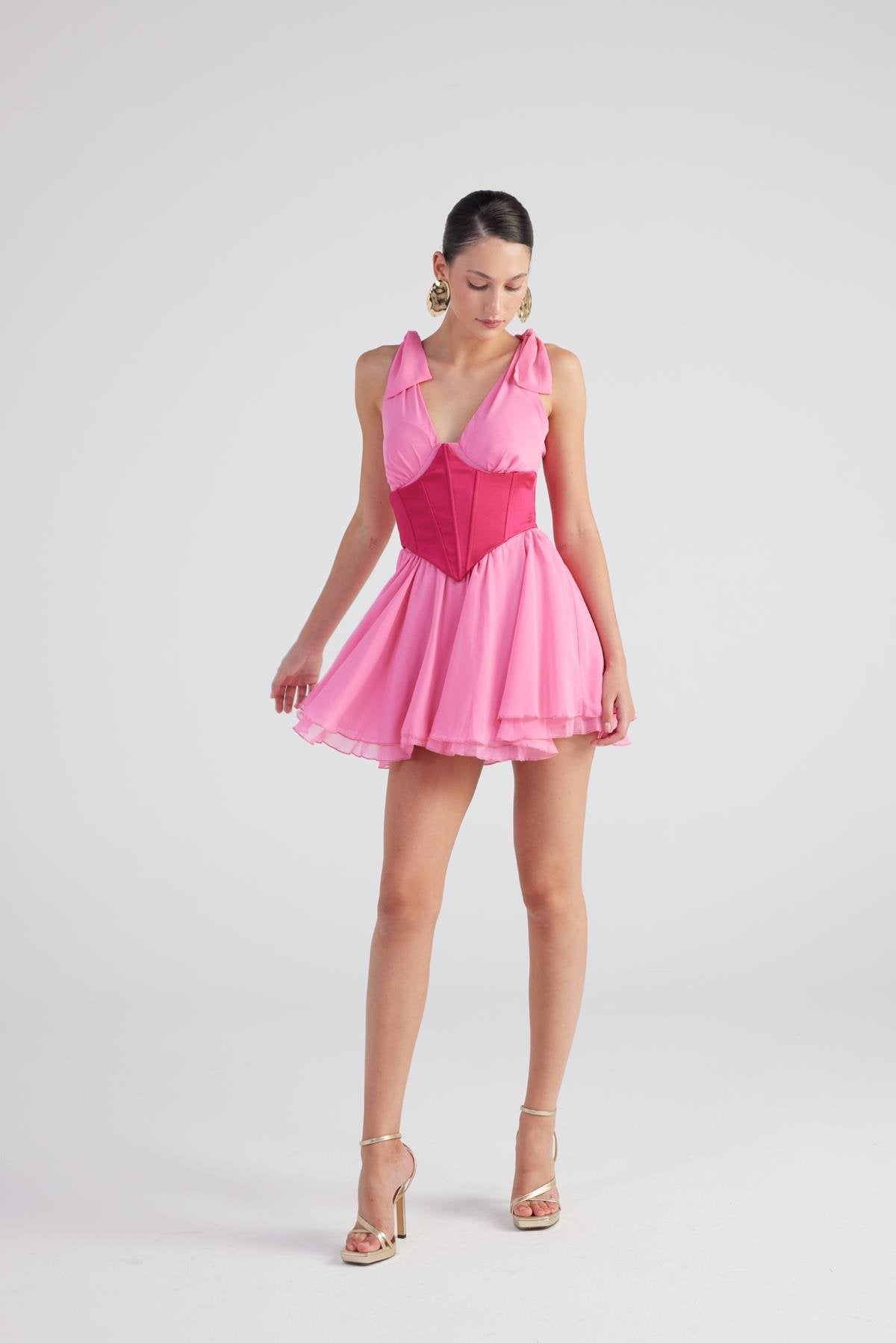 Fiona Pink Ruched Mini Dress with Pleated Skirt