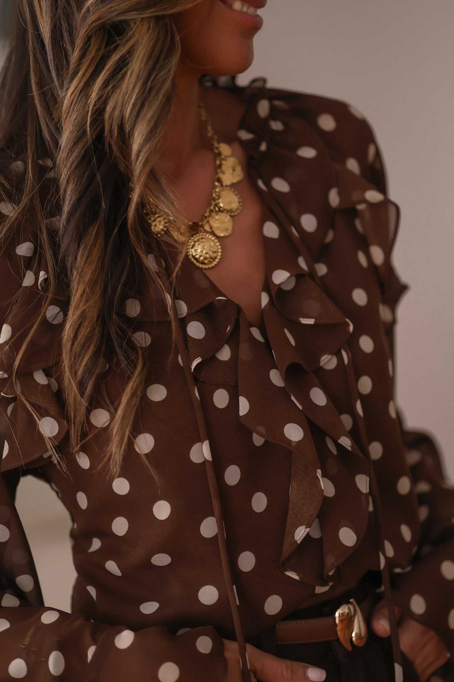 Coffee Polka Dot Bell Sleeve Blouse
