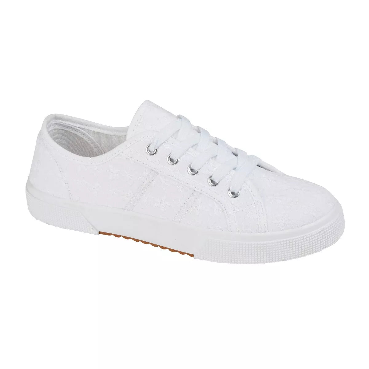 White Ladies broderie anglaise lace up canvas on chunky outsole.