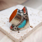 Large Ethnic Tibetan Silver Rings, Turquoise, Coral & Lapis Inlay Rings.