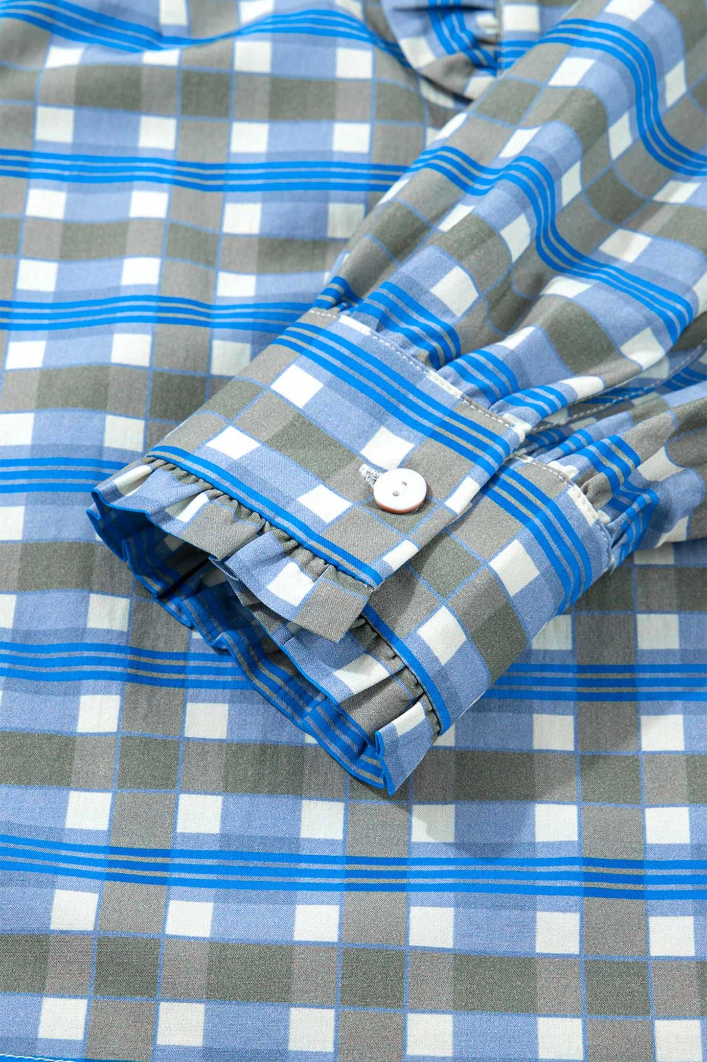 Blue Plaid Long Sleeve Frilled Blouse