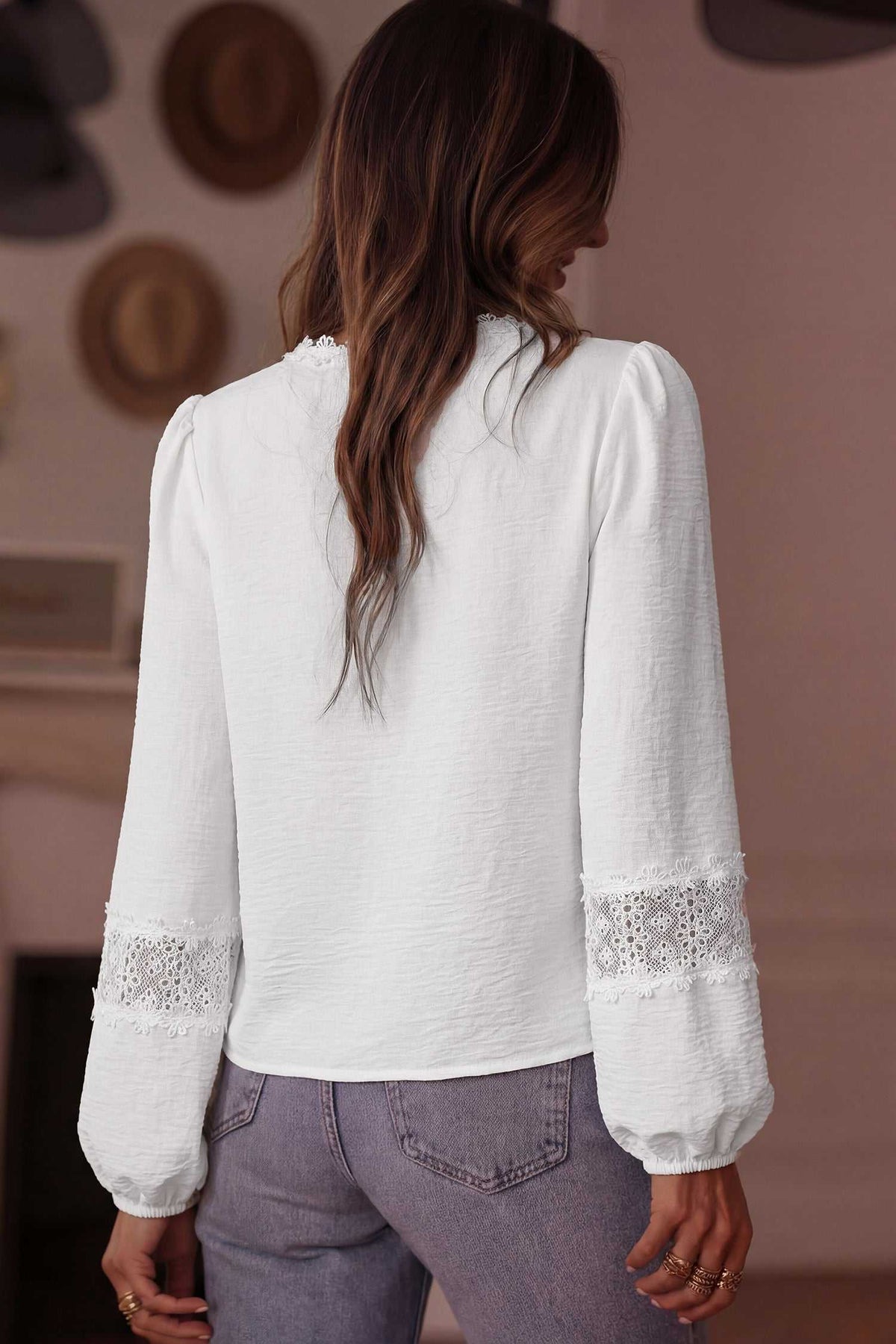 White Guipure Lace Frill Sleeve Blouse