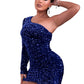 Sequin One-Shoulder Tulip Hem Bodycon Dress